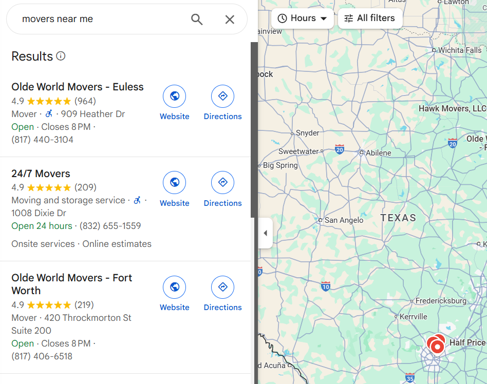 Google search results for "movers near me" on desktop.