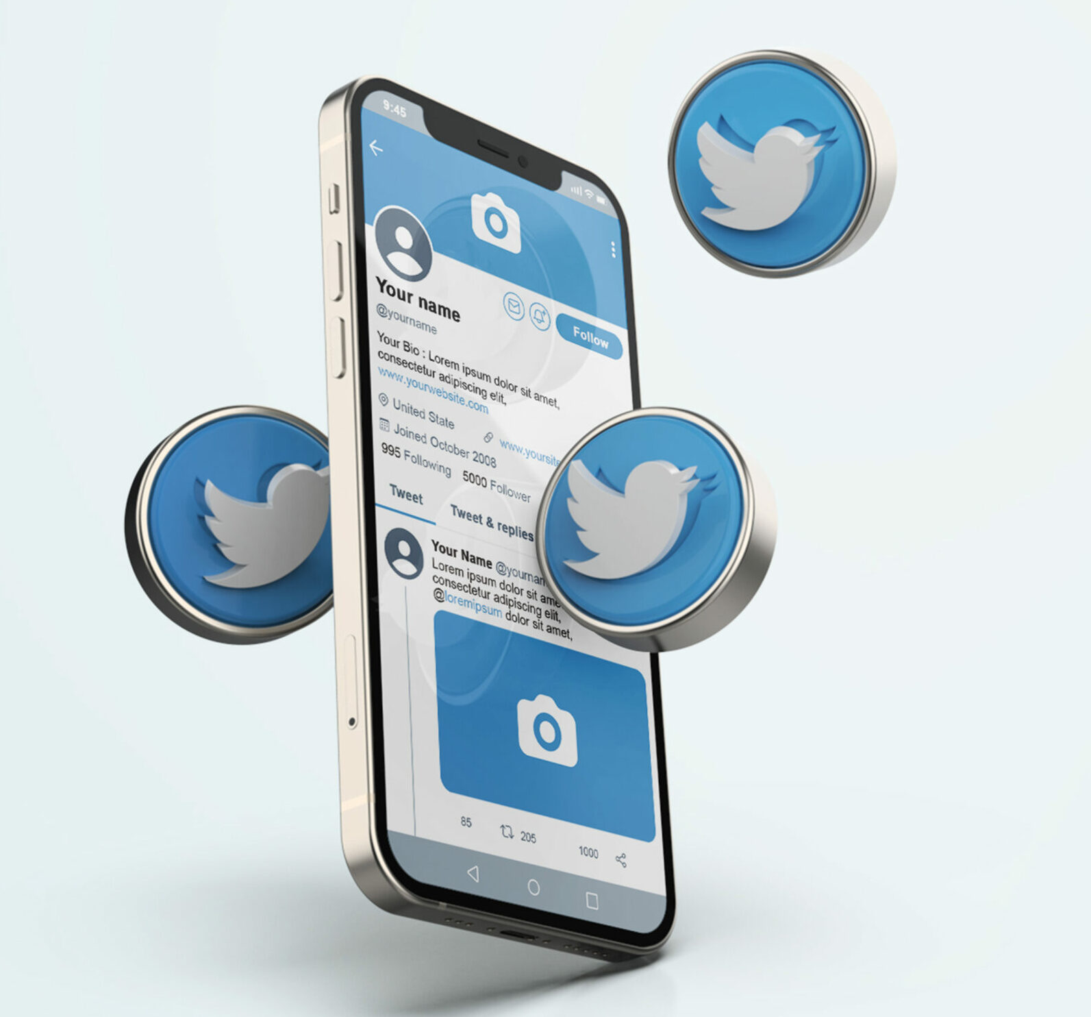 Twitter profile on phone screen with Twitter logo icons.