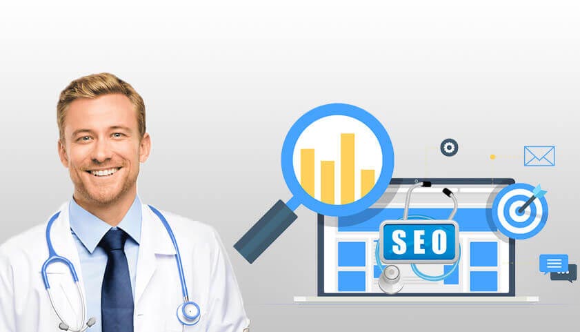 Smiling doctor with SEO graphic and laptop.