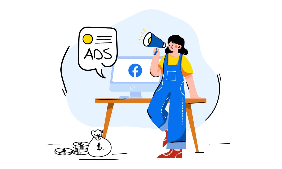 Woman with megaphone promoting Facebook ads, money bag and coins.